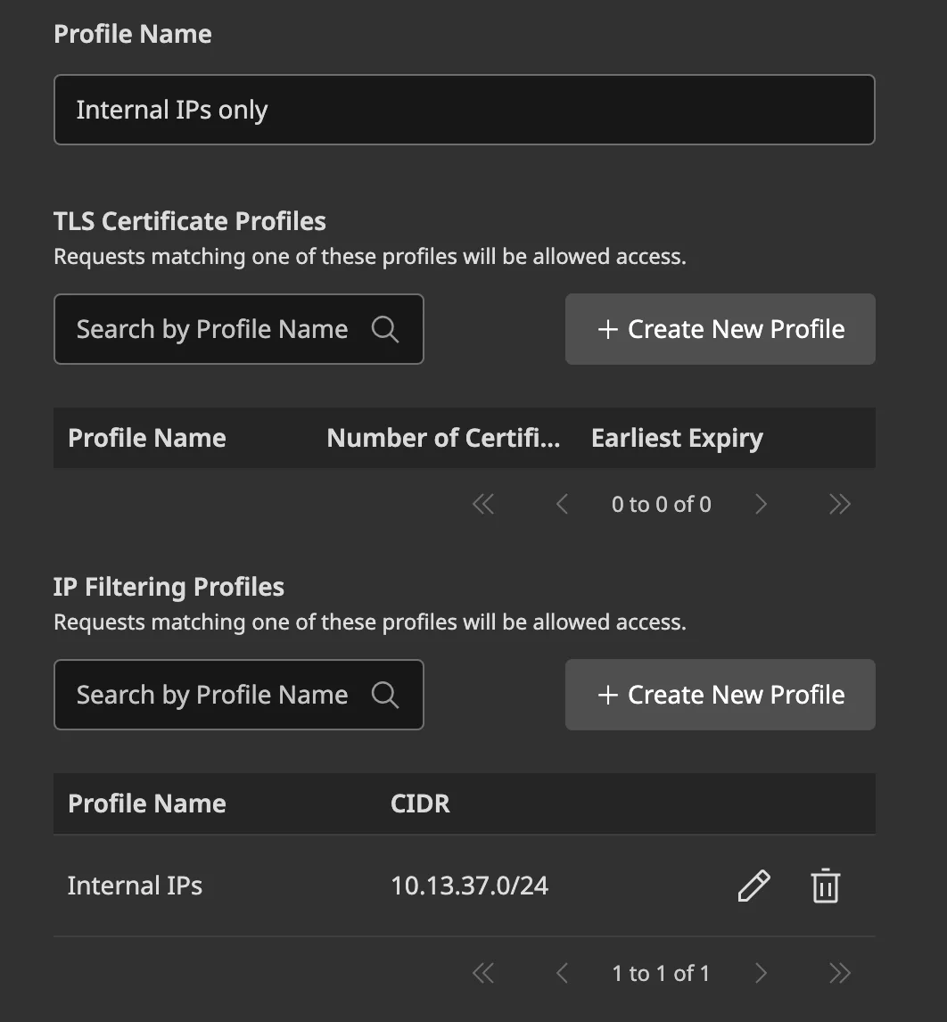 Restriction Profile with IP Filtering configured for Internal IPs set to 10.13.37.0/24