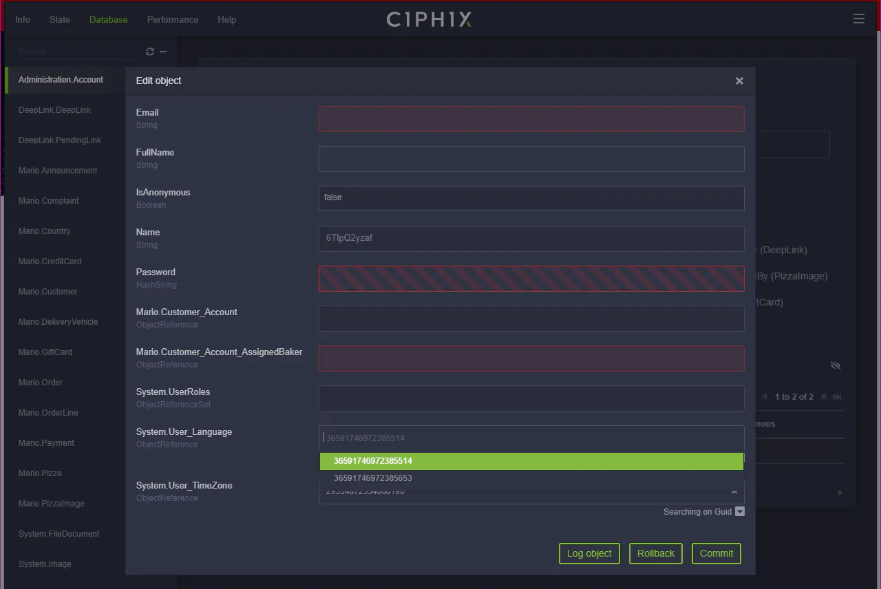 Screenshot of Ciphix, changing the Administration.Account object by setting the association to Language with a guid