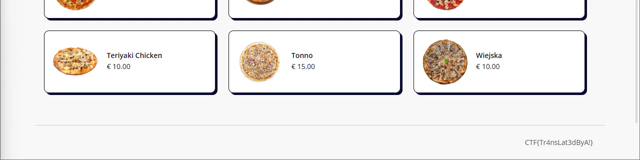 Screenshot of the Pizza Mario homepage, with in the footer the flag CTF{}