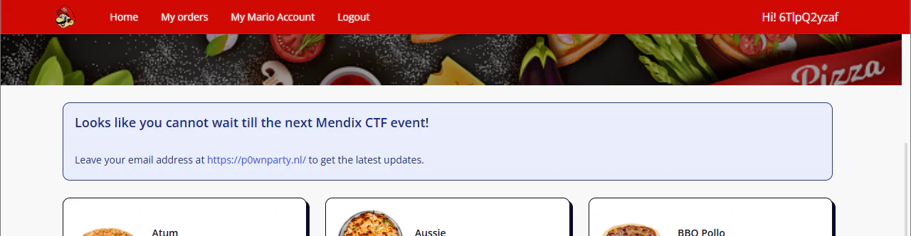 Screenshot of the Pizza Mario homepage, with top bar navigation, and a card overview of available pizza’s, but no language switcher