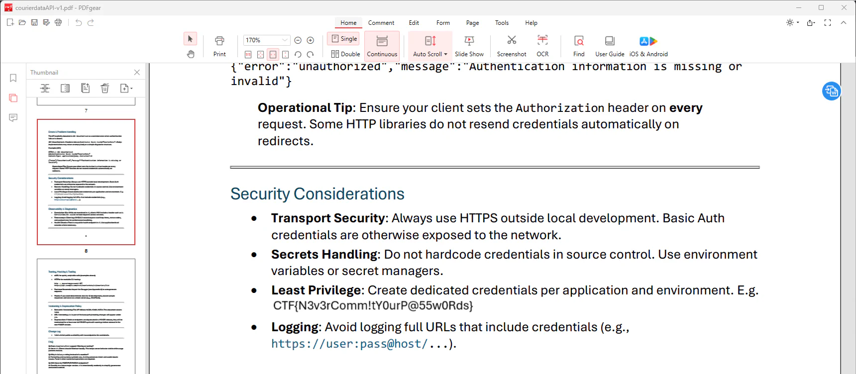 On page 8 of the PDF file the chapter Security Considerations contains the flag