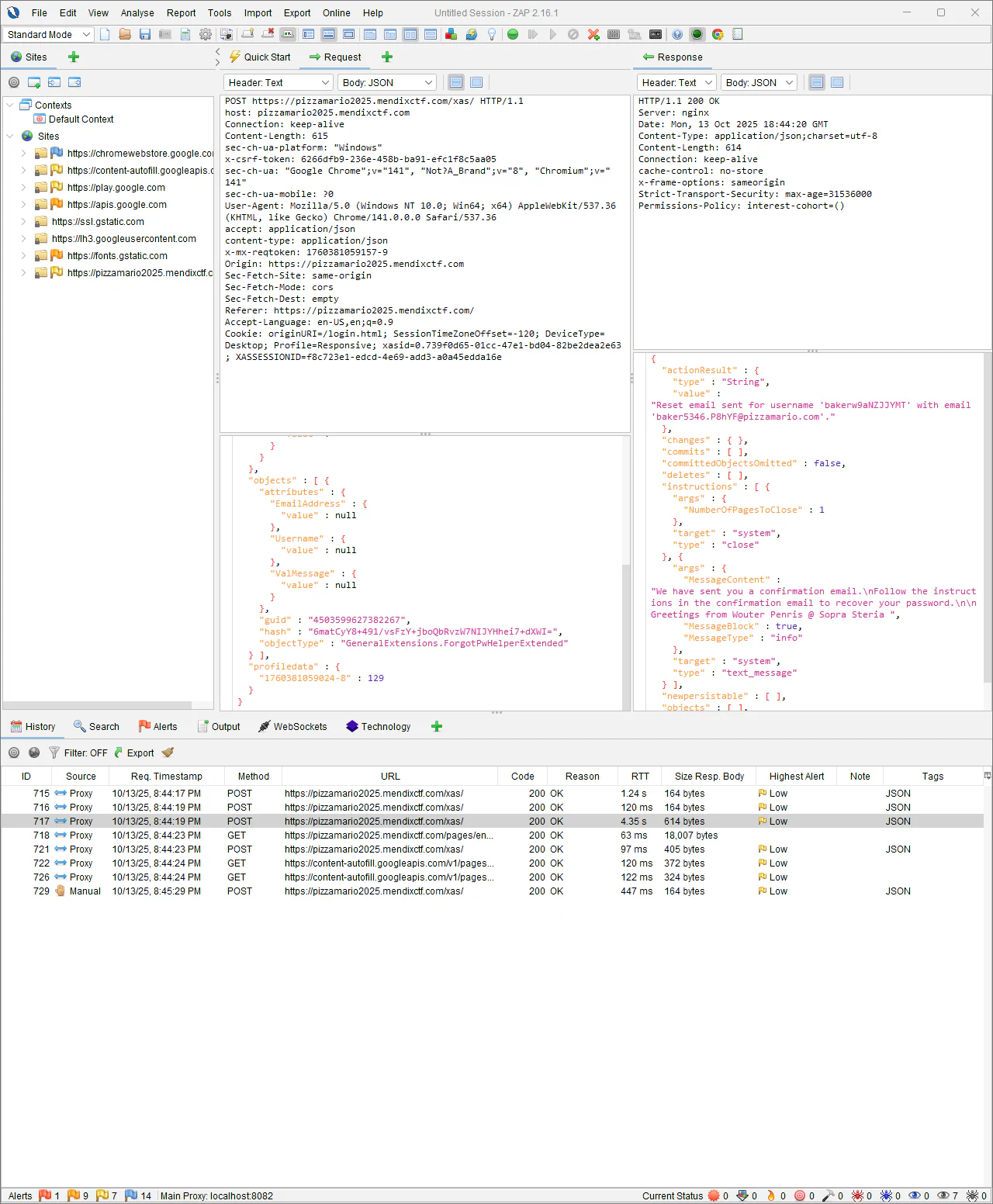OWASP ZAP tool with the response of Step2_SendEmailRecoverPassword containing the username of the baker