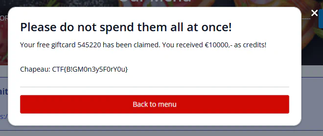 A confirmation is shown with the giftcard number, credits and the flag: “Please do not spend them all at once!”