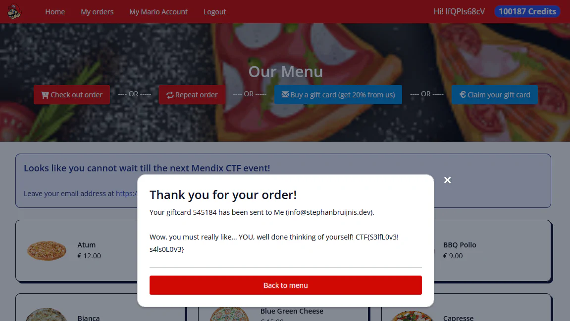 Confirmation pop-up shows the CTF flag after successfully buying a gift card for me