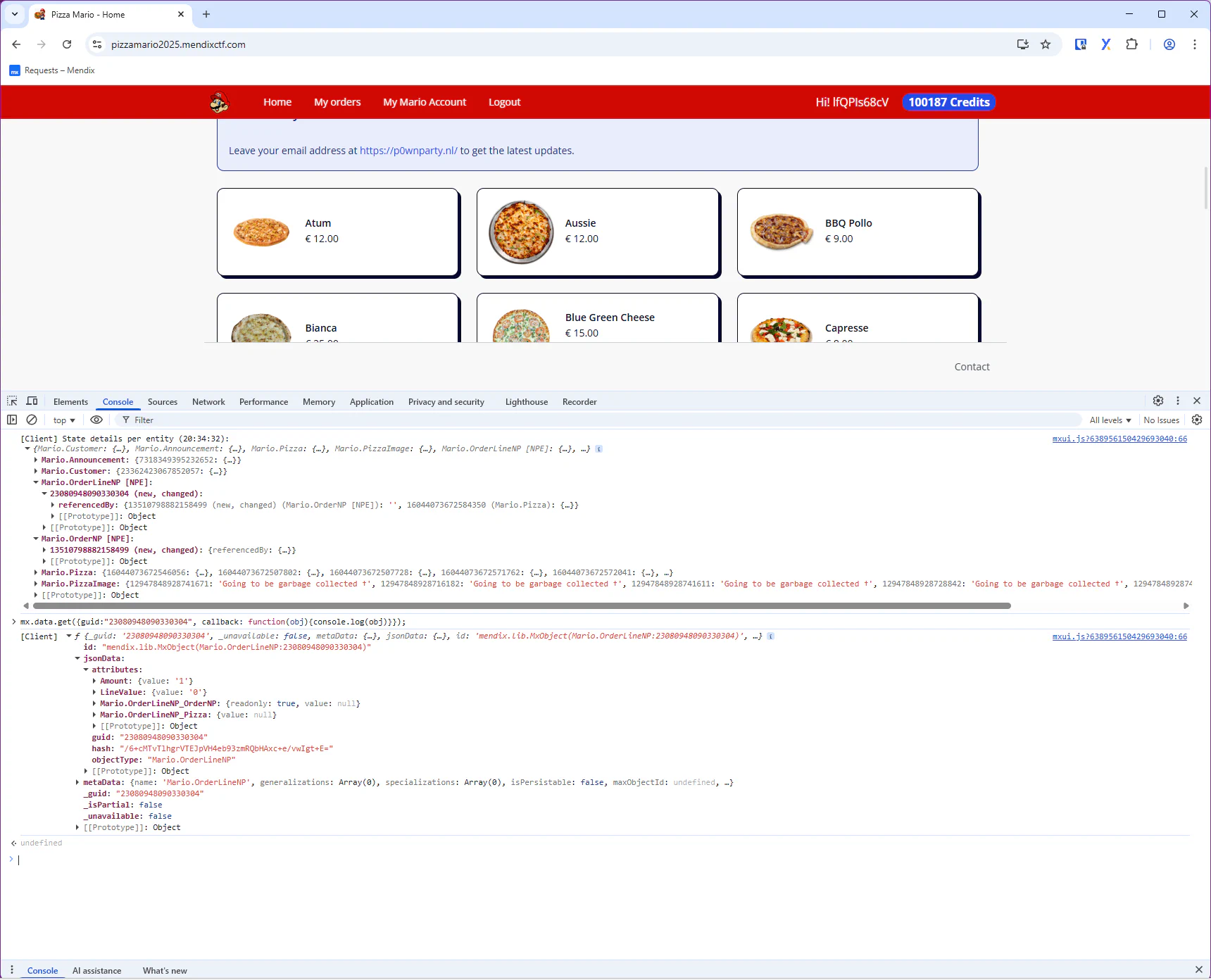 Browser console showing the Client State details per entity and the result of mx.data.get