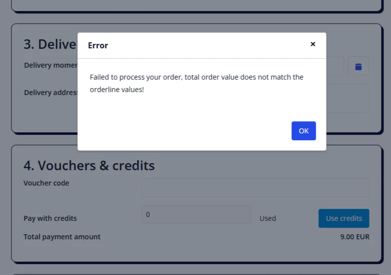 Modal showing validation error: Failed to process your order, total order value does not match the orderline values!