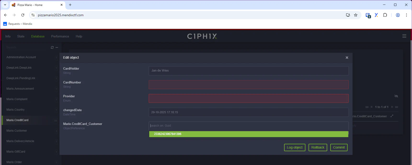 Screenshot of edit Mario.CreditCard of holder Jan de Vries via Ciphix