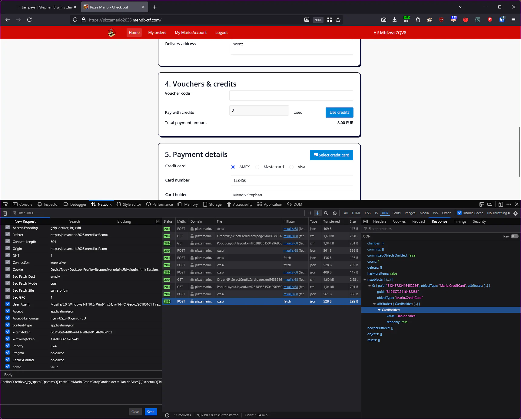 Screenshot of Firefox browser console with Edit and Resend request open on the modified xas request