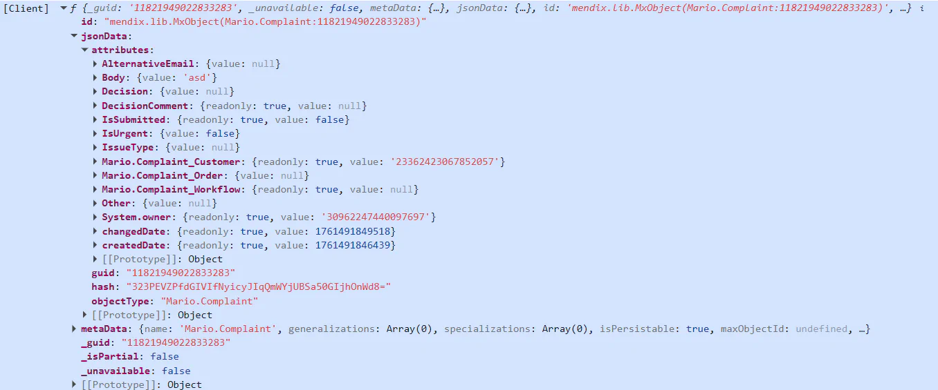 Chrome Dev Console showing the json for the Mario.Complaint object, displaying attributes such as Decision and IsUrgent